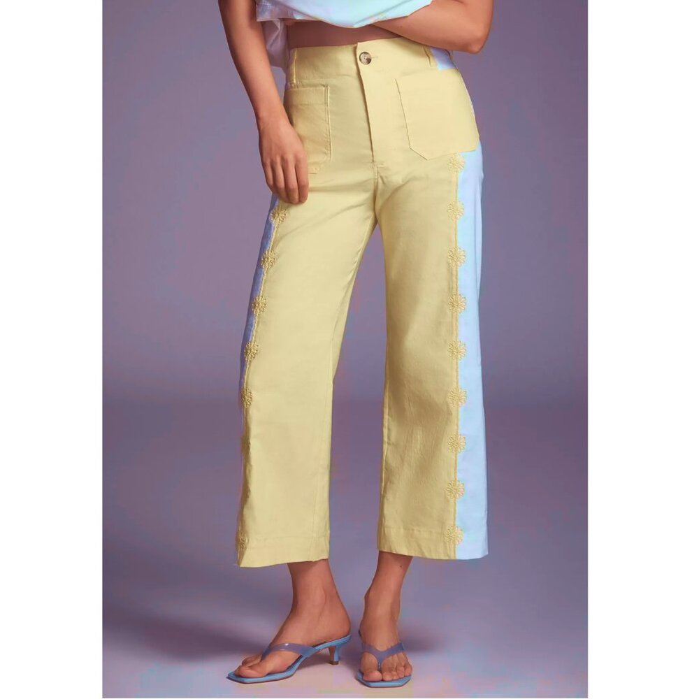 Anthropologie Maeve The Colette Embroidered Crop Wide-Leg Pants Yellow Floral 25